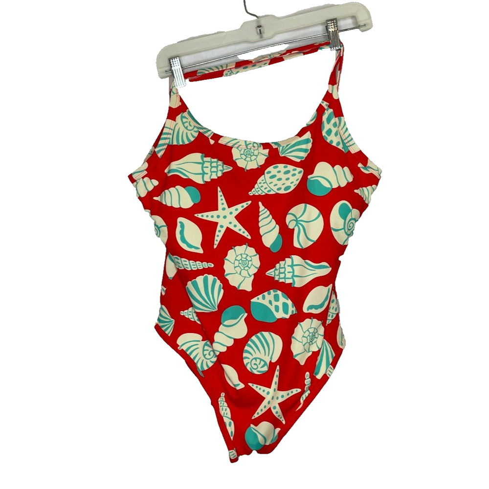 Womens XL Hanna Andersson Red Seashell Nautical One Piece Swimsuit Strappy Nylon